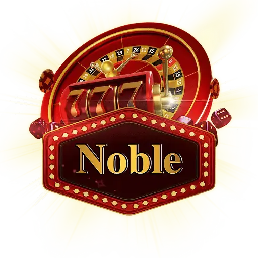 Red and gold Noble branding badge featuring slot machine reels and casino elements in a glossy emblem.